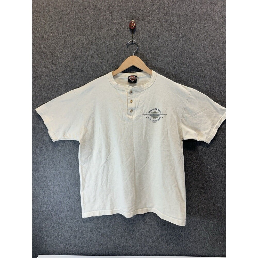 Vintage 90s Harley Davidson Men’s Henley Tshirt Large Beige Single Stitch VTG